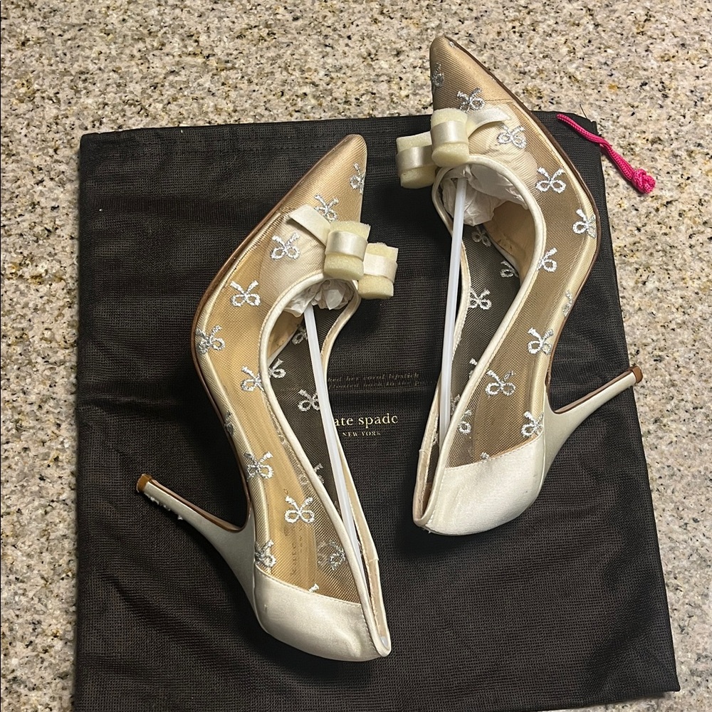 kate spade Metallic Cream and Silver Pointed Bow Pumps - Picture 6 of 9